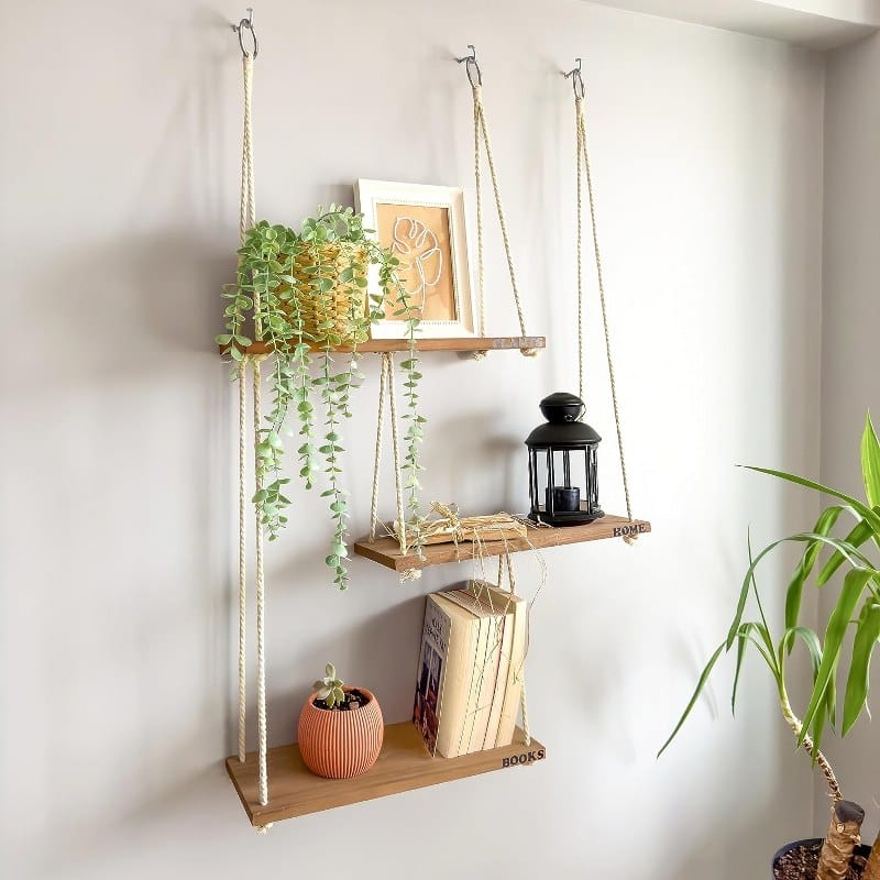 Floating Wall Swing Rope Storage Shelves Beige 3 shelves