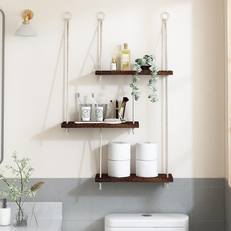 Floating Wall Swing Rope Storage Shelves Brown 3 shelves