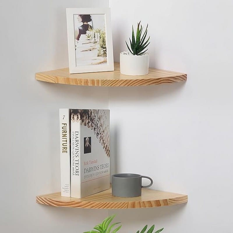 Set of 2 Natural Wooden Corner Shelves