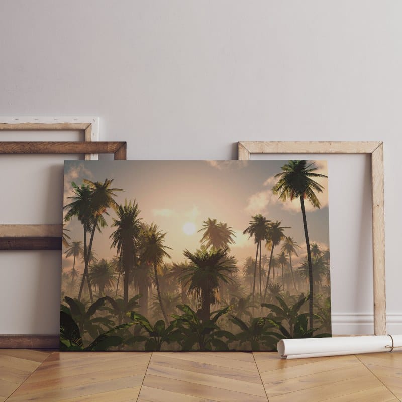 Leafy Palm Trees On A Black Base Printed On Canvas Wall Art