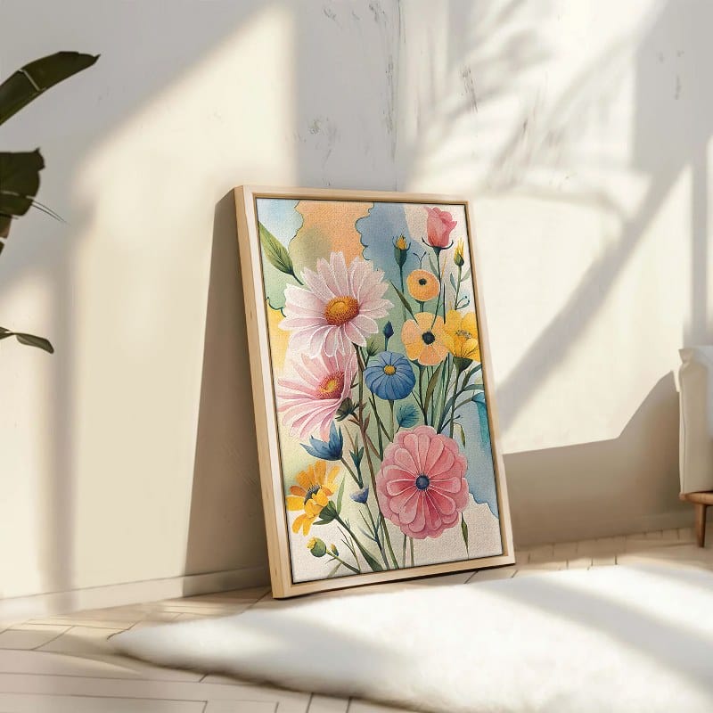 زهور برية بخلفية زرقاء وزهور صفراء فن جداري مؤطر على قماش