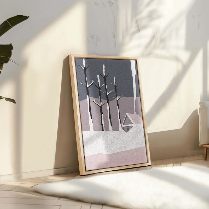 كوخ في غابة متجمدة قماش أبيض فن جداري مؤطر على قماش