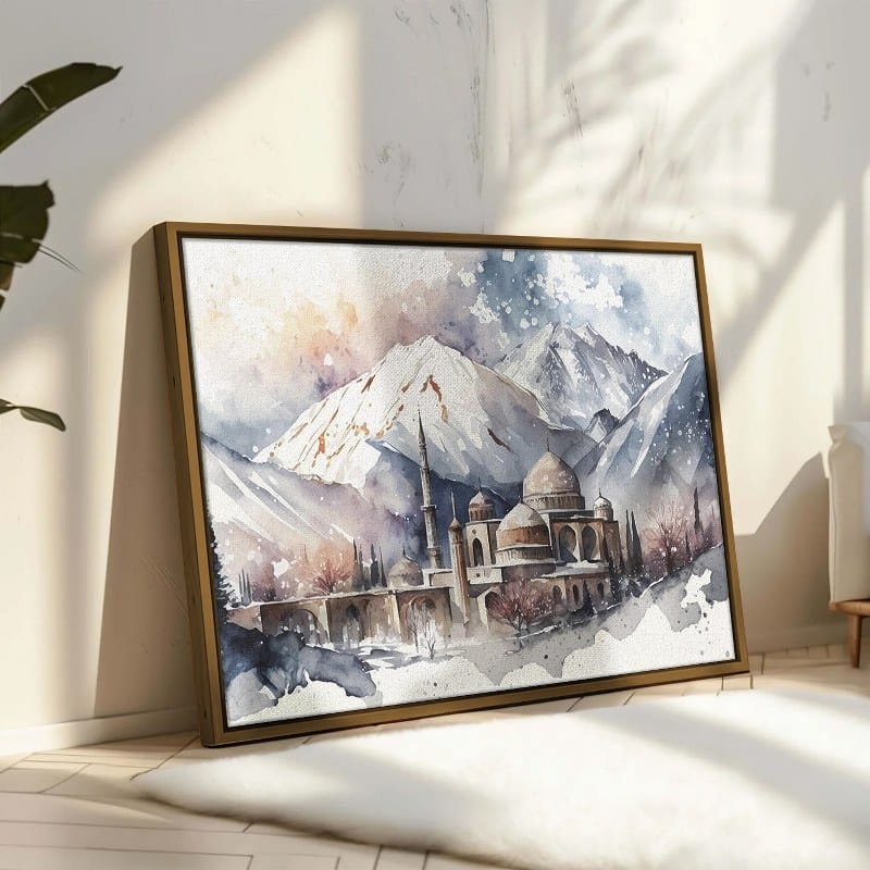 مسجد مجرد هندسي مرسوم باليد مؤطر على الحائط