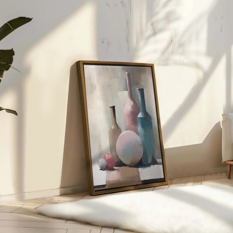 لوحة فنية على شكل طاولة كرة بزجاجات مختلفة في إطار فني