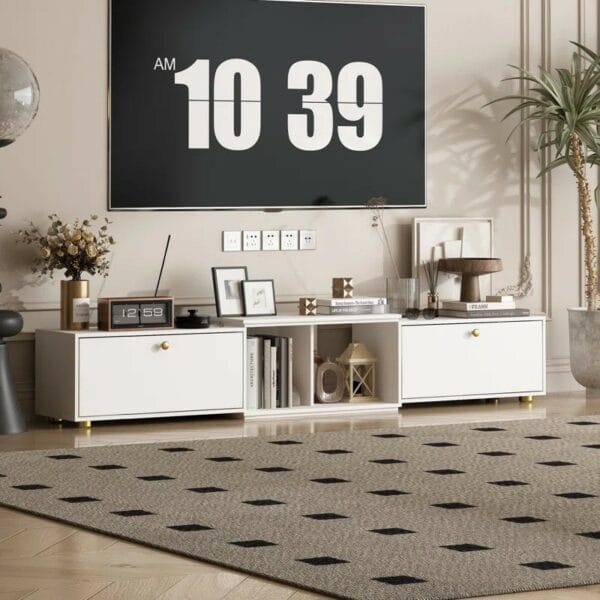 Wood Tv Table With Storage Cabinets And Metal Handle