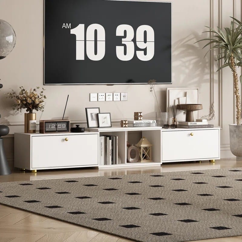 طاولة تلفزيون خشبية مع خزائن تخزين ومقبض معدني