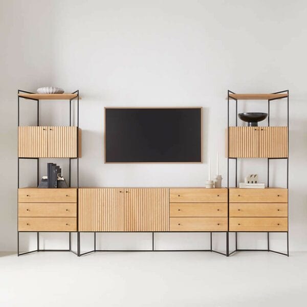 Evie 70" Natural Elm Wood and Black Iron Storage Media Console