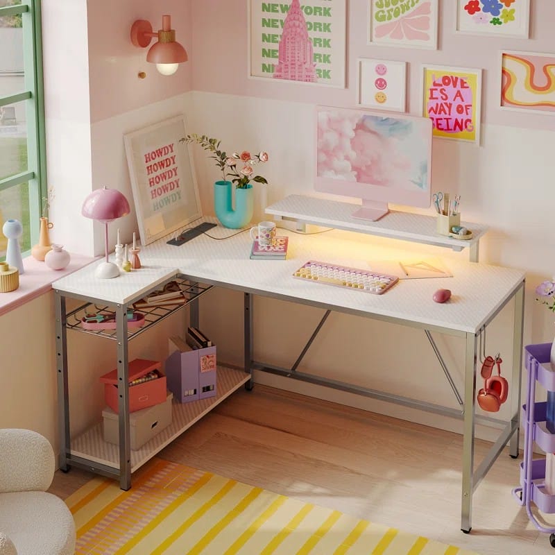 Gaming Desk with Monitor Stand and Shelves