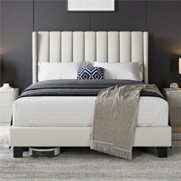Upholstered Bed Frame with Channel Tufted Headboard