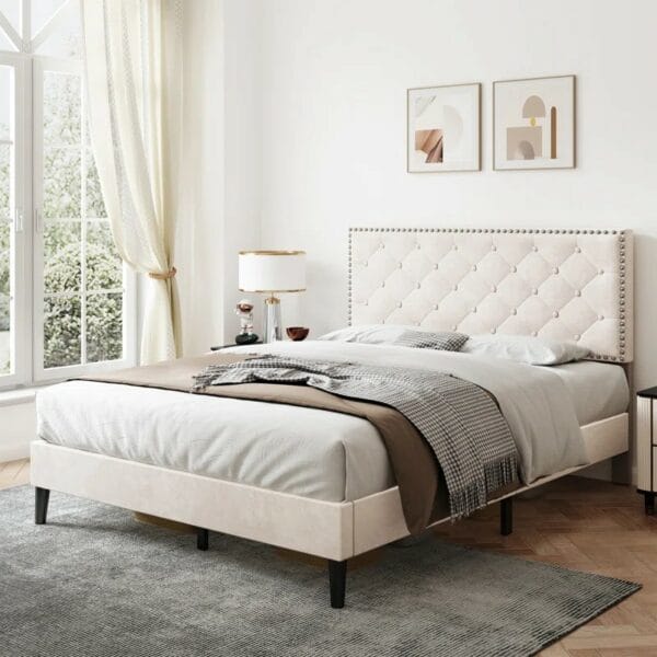 Upholstered Bed With Adjustable Headboard Velvet Gra