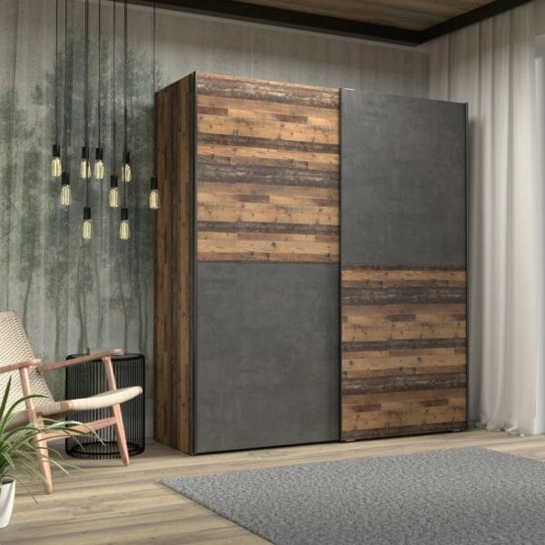 Double sliding door wardrobe with concrete finish