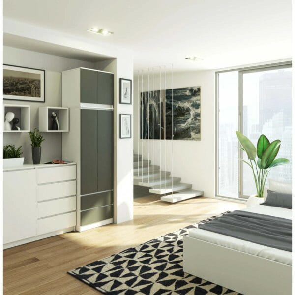 two drawers and three shelves