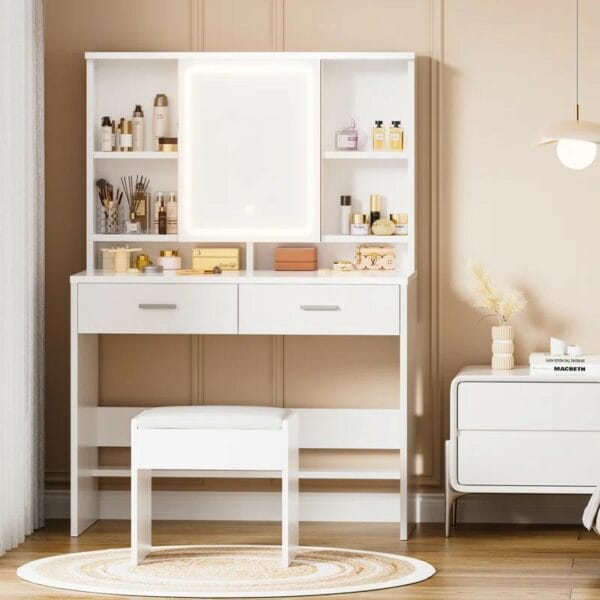 Rositta White Dressing Table LED 3 Colours Lights Makeup Desk With Mirror