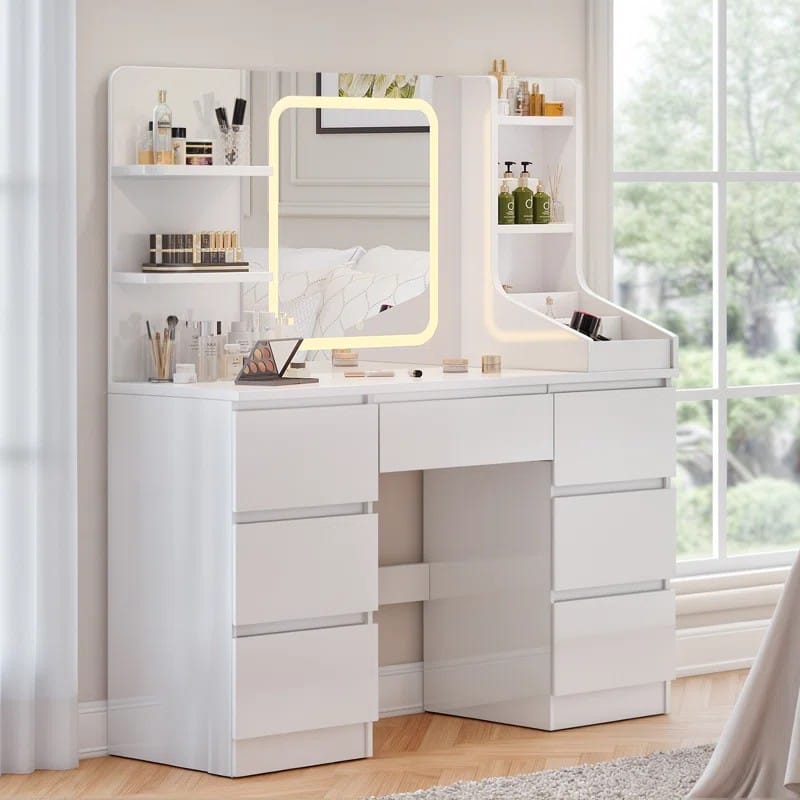 Dressing Table With 3 Colorful Light Mirror 7 Drawers and 7 Storage Shelves Makeup