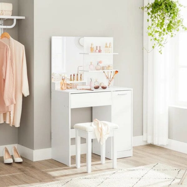 Dressing Table with Mirror and Glass Shelves