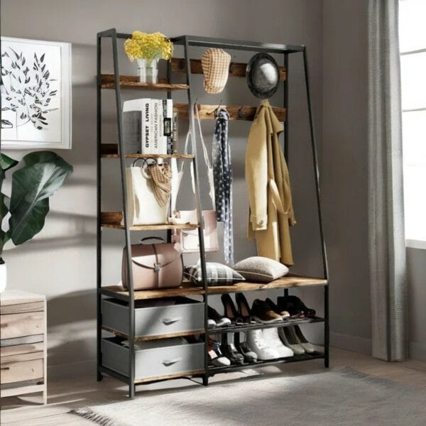 Hook Coat Rack Hall Tree Stand With Shoe Storage