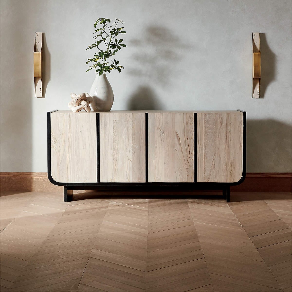 White-Washed Teak Wood Credenza