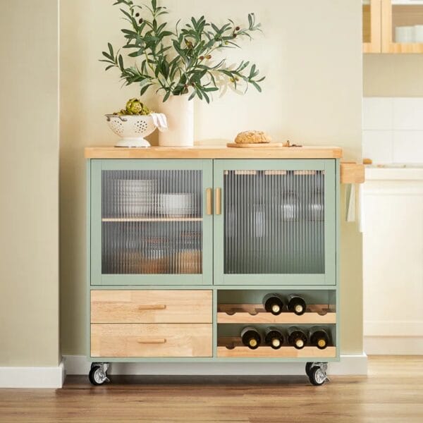 Kitchen Island with Solid Wood Top and Locking Wheels
