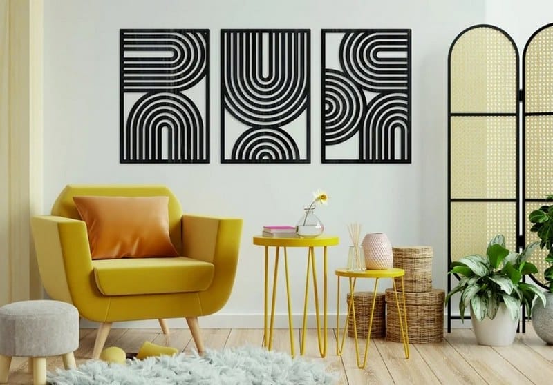 Mid Century Geometric Wood Wall Art - Set of 3 Modern Panel Each 80x50