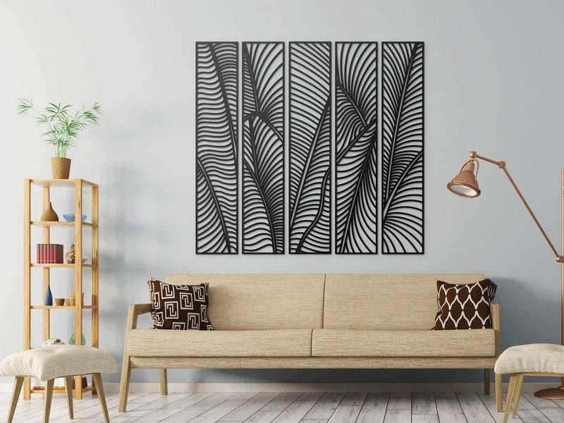 لوحات جدارية على شكل أوراق استوائية - مجموعة من 5 قطع في كل قطعة مقاس 80x20