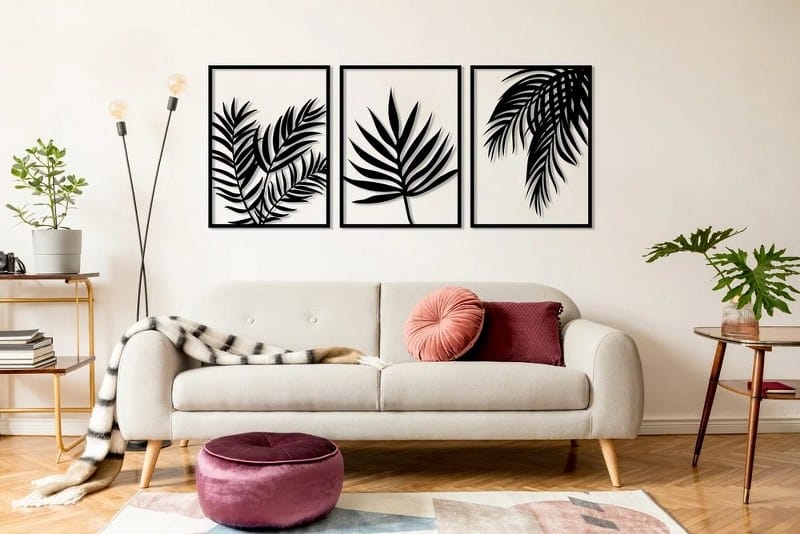 Tropical Leaves wall Sticker art Set of 3 Panel Each 60x40