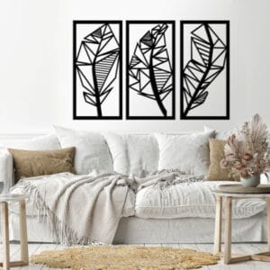 Great Wood Wall Decal art  Leaves geometric shape 3 panels 80x120 Black