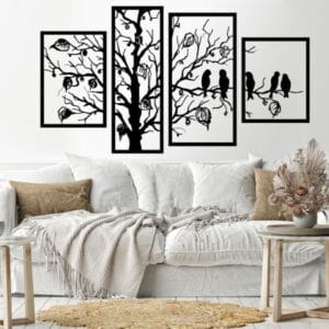 Beautiful Tree and birds 4 panels Wood Wall decal art 80x150 Black