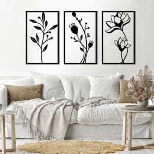 لوحة فنية جدارية على شكل أوراق الشجر 3 ألواح 80x150 أسود
