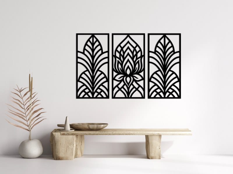 لوحة جدارية خشبية ثلاثية من فن الآرت ديكو، زهرة اللوتس، ١٢٥×٨٠