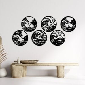 Set of 6 Kanagawa Wave Medallions Wood Wall Art 165x75