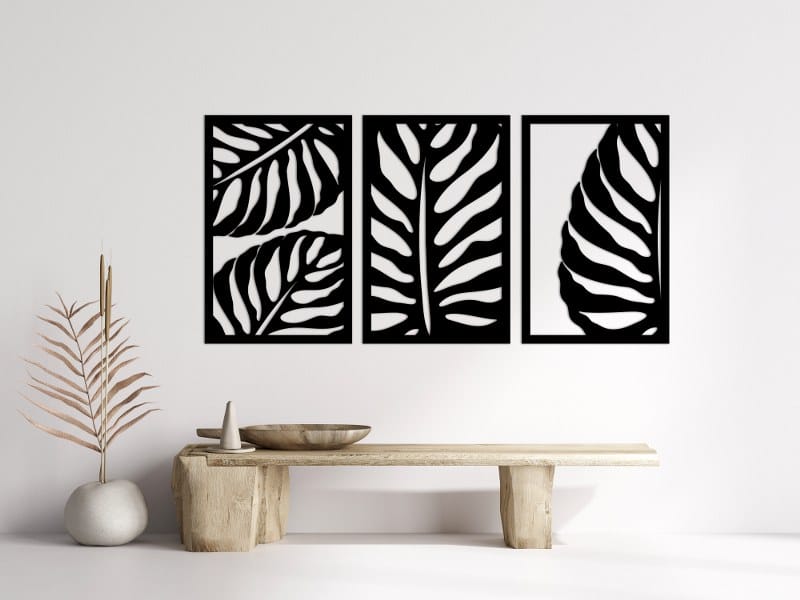 Set of 3 Striped Leaf Panels Wood Wall Art 155x80