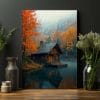 Cabin in the woods during autumn Printed on canvas wall art