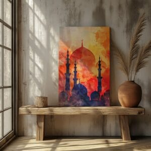 Watercolor Painting mosque With Red background Printed On Canvas Wall Art