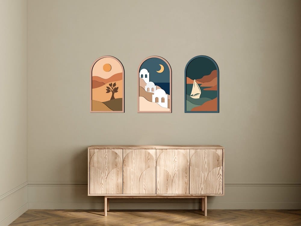 Set of 3 3D Wooden Mediterranean Coastal Village Wall Art 50x30