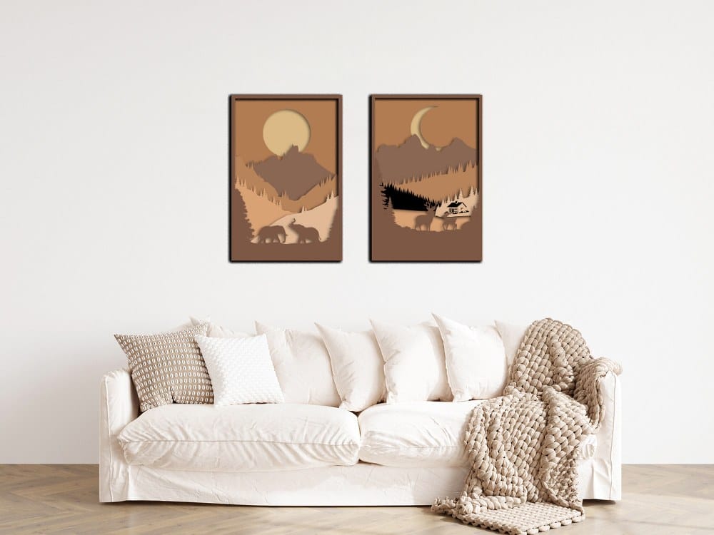 Duo Set 3D Mountain Animals Warm Nordic Wooden Wall Art 90x60