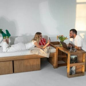 Multi-Functional Wooden Sofa Bed with Integrated Side Table & Storage